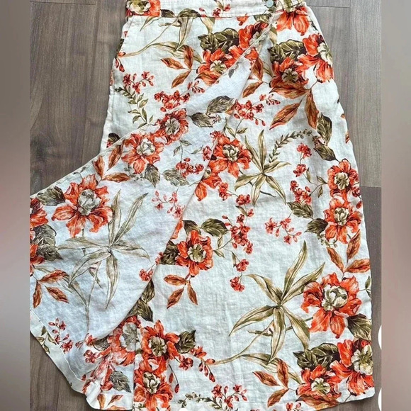 JOIE HAWAIIAN FLORAL WRAP SKIRT LINEN ORANGE GREEN SIZE MEDIUM Tropical - Picture 6 of 9